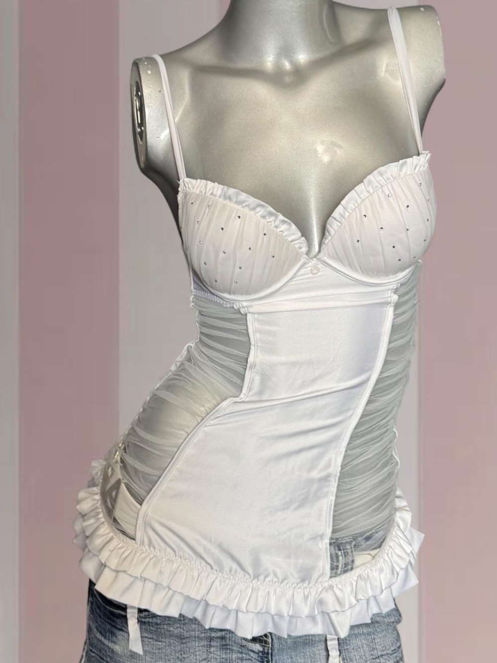 Victoria’s Secret White Push-Up Bustier Top W/ Bow & Rhinestone Details